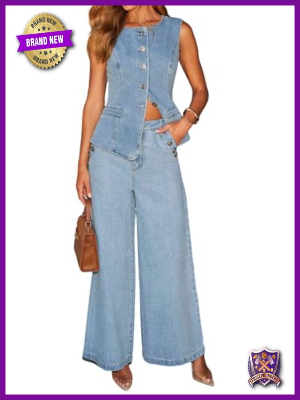 Two Piece Denim Set Button Sleeveless Jean Vest Wide Leg Palazzo Pants